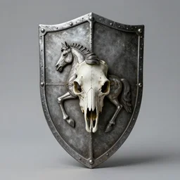 a medieval long iron shield with an skull of a horse in one side that shows the concept of inequity in its shape