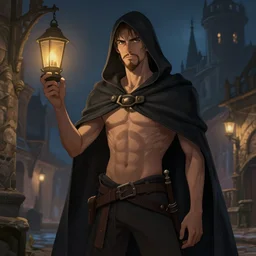 4 0 years old man, skinny, slim : : goatee : : hooded cloak : : night, medieval city, lantern, high detail, digital art, rpg, illustration