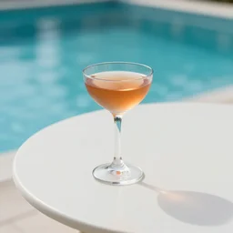 5 5 mm photo of cocktail glasson a zen minimalist round white table with gorgeous pool in the background. highly detailed 8 k. intricate. lifelike. soft light,