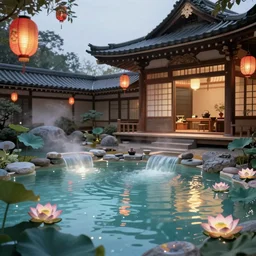 ethereal empty onsen next to grand japanese architecture teahouse with floating red and gold lanterns and lotuses by greg rutkowski craig mullins ross tran mucha cozy zen garden glowing water lumen reflections matte painting concept art clear focus fantasy specular lighting global illumination trending on artstation