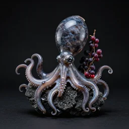 sculpture of a cephalopod and berries, ikebana, photorealistic, centred, black background, obsidian and glass and pumice, zen, trending on artstation