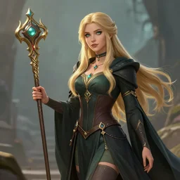 full picture of blonde female sorcerer ,high fantasy, ornamental staff, trending on artstation, arstationhd, HD