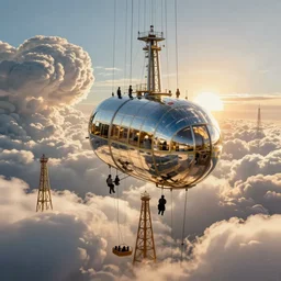 an inflated stainless steel chrome gondola in the clouds, people are hanging by steel cables. Intricate technical drawing. Mammatus clouds. Intricate, detailed, Golden ratio, Oil rig, solarpunk