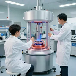 teleportation machine in a laboratory, with two people in white lab coats testing it out
