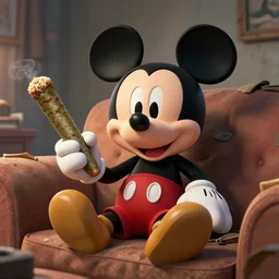 mickey mouse holding a giant weed joint while sitting on a couch in a messed up apartment, stoned eyes, amazing digital art, amazing detail, artstation, award winning, sharp