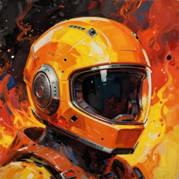 Widebrush Stylized Futuristic  helmet by René Laloux, Jean Giraud, Mœbius, Moebius, orange, yellow, saturated, high quality scan, 8k, artstationhq, IAMAG concept art pop-art fire black red yellow orange impasto oil painted daubed smoke flame fire trending on artstation