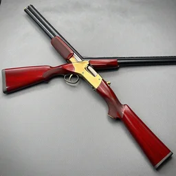 a shotgun made from glossy red - painted wood and elements of gold metalwork, full - length photograph