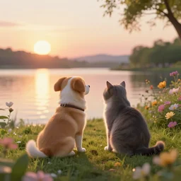 cute dog and cat sitting together looking at the sun set serene floral environment alongside a beautiful lake, global illumination, trending on artstation, octane render, cgsociety, cinematic, unreal engine 5