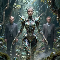 karol bak and tom bagshaw and lecouffe - deharme full body character portrait of the borg queen of sentient parasitic flowing ai, floating in a powerful zen state, supermodel, beautiful and ominous, wearing combination of mecha and bodysuit made of wires and fractal ceramic, circuitry corrupting nature in the background, artstation scifi character render