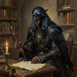 highly detailed 3 / 4 oil painting of an alchemist, crow fantasy race, medieval bookstore background