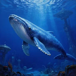 a giant sci - fi whale - like sea creature in a giant futuristic aquarium, deep blue colors, highly detailed science fiction painting by syd mead, roger dean, and moebius. rich colors, high contrast. artstation.