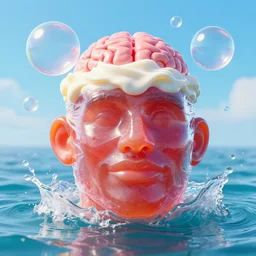 a funny sculpture of a mexican squashed human head made from juicy jelly wrapped in cling film with ice cream spread on it on ocean water, funny face, brain, giant bubbles, 3 d objects, realistic water splashes, water art, vibrant, in the style of mike campau, cg render, ray tracing, 8 k resolution, sharp