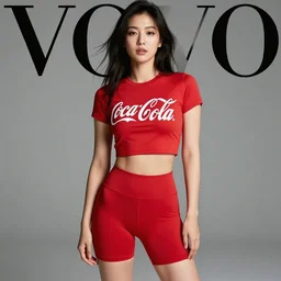 suzu Hirose wearing crop red Coca Cola gym top with white Lettering, cropped red yoga short, Vovo editorial by Mario Testino, masterwork