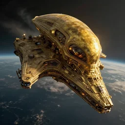 an enormous alien space ship flying towards earth. menacing, dangerous. dark. depressing. insane intricate detail. sophisticated compostion. feature shot. high fidelity. ultra hd. 8 k. gold. yellow