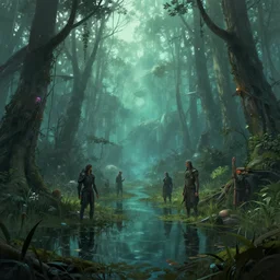 reed - people in futuristic spiritual mystical post apocalyptic swampy forest in kyiv drawn by ron gilbert, dim painterly volumetric aquatic lighting, scenic, beautiful, crisp, artstation, highly detailed