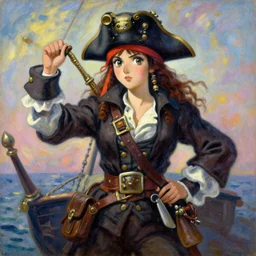 wide angle painting of a female pirate, a thrifty uniform, somewhat of an anime in impressionist style, trending artwork, illustrated in anime painter studio, by claude monet and an anime artist, collaboration