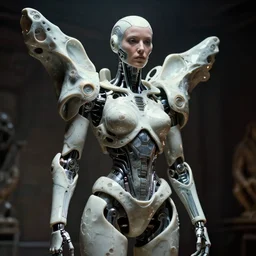 a cybernetic mech biomechanical woman, organic ceramic fractal forms, dramatic lighting, film still from the movie directed by denis villeneuve with art direction by wayne barlowe and salvador dali, wide lens, f 3 2,