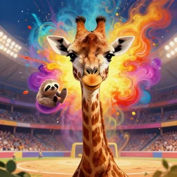 anthropomorphic giraffe with the head of a sloth with human characteristics in an arena, digital art, epic composition, fantasy, explosion of color, highly detailed, in the style of jake parker, in the style of conrad roset, swirly vibrant colors, sharp focus