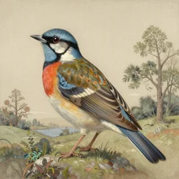 A beautiful experimental art of a bird in its natural habitat. The bird is shown in great detail, with its colorful plumage and intricate patterns. The background is a simple but detailed landscape, with trees, bushes, and a river. graffiti by Akihiko Yoshida, by Zinaida Serebriakova dull, aesthetic