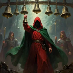 ''cinematic shot'' red hooded mage ( spectre ) with bells ringing simetrical 8 k atmosferic realistic, wearing a green cape, holding a bell, made by ivan aivazovsky, peter mohrbacher, greg rutkowski volumetric light effect broad light oil painting painting fantasy art style sci - fi art style realism premium prints available artwork unreal engine