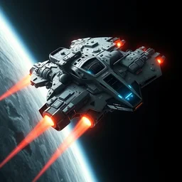 a super cool spaceship equipped for battle and hyperspace, octane render, digital asset on black background