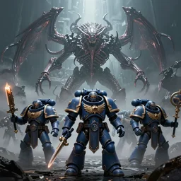 a group of space marines battling against an eldritch abomination, high detail, warhammer, cinematic, high resolution, concept art, dark atmosphere, fog, trending, stunning shot
