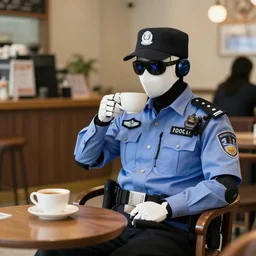 a robot police officer drinking tea in a coffee shop sitting down relaxed, professional photography