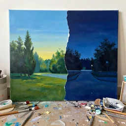 a messy painting of a split view day and night