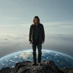 cinematographic shot, resembling the Wanderer above the Sea of Fog, of a long haired man, but looking down to see the planet earth