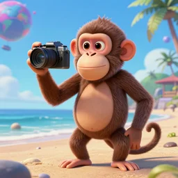 monkey holding a camera in the Beach, mattepainting concept Blizzard pixar maya engine on stylized background splash comics global illumination lighting artstation lois van baarle, ilya kuvshinov, rossdraws