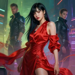 beautiful digital painting of lalisa in colorful flowing red silk with high detail, ( cyberpunk 2 0 7 7, mass effect, bladerunner 2 0 4 9 ), environment, 8 k, key art, stunning detail, photo by artgerm, greg rutkowski and alphonse mucha, unreal engine 5, 4 k uhd