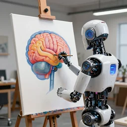 photorealistic illustration of a sci - fi robot painting a picture of a colorful human brain on a canvas in a modern artist studio
