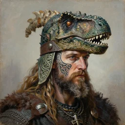 portrait painting of viking berserker with celtic face tattoos wearing a dinosaur headdress, by jeremy mann, only one head single portrait