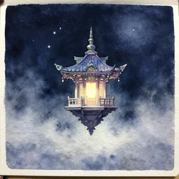 on watercolor paper, paint brush strokes, watercolor painting of a hovering small miniature shrine, ancient, enchanted, iridescent and ethereal in a starlit landscape at night, cinematic misty light, centered perspective, in the style of noriyoshi ohrai