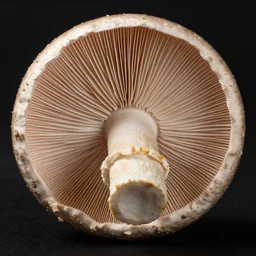 mushroom cap, bottom view, clearly visible lamellae, black background, hyper realistic, photography, colorfull, 8k, epic composition