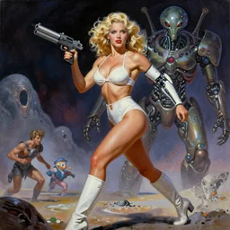 A mixed media portrait painting of a beautiful blonde woman running on an alien planet, very curvy, aesthetic! high-waisted white-bikini-armor and boots, cybernetic arm holding a ray-gun, aesthetic symmetrical face and eyes, model, wet, pacific-rim-mech in background, by Frank Frazetta, Boris Vallejo, Beeple, Greg Rutkowski, Christian MacNevin, eighties-pinup style, epic fantasy character art, high fantasy, CGsociety, exquisite detail, post-processing, masterpiece, cinematic