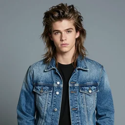 teenage bboy, long shaggy hair permed hair, double denim, heavy rocker, 2 0 2 2 photograph