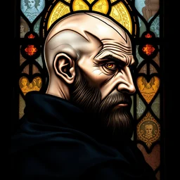 gothic stained glass window, detailed portrait of a bald witcher, side - view, amber eyes, bald, v - shaped head scar, detailed and masterful, backlit