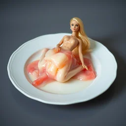 realistic photo of a hot organic mass of a barbie melted into a plastic mass on a white porcelain dish