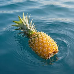 a pineapple floating in the middle of the ocean, realistic, beautiful lighting