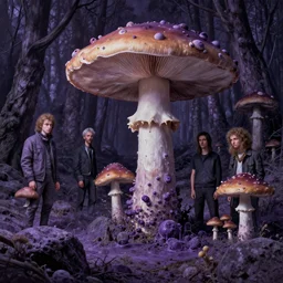 a mushroom forest by simon stalenhag and gillis rombouts and greg rutkowski and beeple and anton fadeev, hyperrealism!, oozing pustules, purple rocks, chiaroscuro!!!!, tonalism!, desaturation, high contrast, vibrant!, highly detailed, volumetric lighting