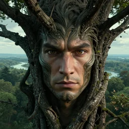 ultra realistic, cinematic, headshot portrait, of a tree wizard, branches, facial features, background of a vast serene landscape, with trees and rivers, detailed, deep focus, movie still, dramatic lighting, ray tracing, by michal karcz and yoshitaka amano, rtx on, perfect face, intricate, sony a 7 r iv, modelsociety