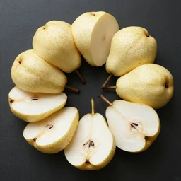 A pear cut into seven pieces arranged in a ring.