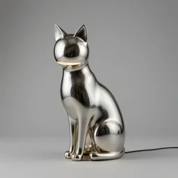 sculptural table lamp in the shape of a cat designed by iris van herpen and m. c. escher, painted metal and glass, advertising photography
