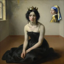 a pale girl with black hair and a crown on her head sitting alone in an empty room, character design, beautiful face, painting by gaston bussiere, katsuya terada, nc wyeth, greg rutkowski, craig mullins, vermeer, frank frazetta, mucha, trending on artstation, jeffery catherine jones