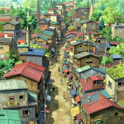 scifi shanty town favela City Street with color full metal rooftops and wooden and concrete walls, intricate Details, illustration , in the style of Studio ghibli, tekkon kinkreet, akira, breath of the wild, myazaki, anime, clean render, denoise, rule of thirds