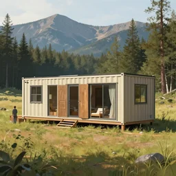 cabela's beautiful comfortable community of modular insulated wall container home kit - house all weather family dwelling tent house, person in foreground, mountainous forested wilderness open fields, beautiful views, painterly concept art, environmental concept art, concept art illustration, by james gurney, by craig mullins, by greg rutkowski trending on artstation