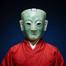 portrait of a man in ancient green jade mask and red mantle on deep black and blue background, carl spitzweg,