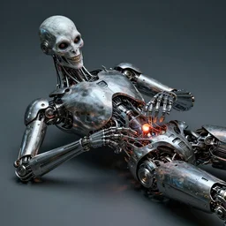 a robot with a creepy smile laying down performing an operation on itself, metal, intricate, by h. r. giger