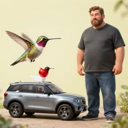 a humming bird the size of an suv next to a full grown adult human